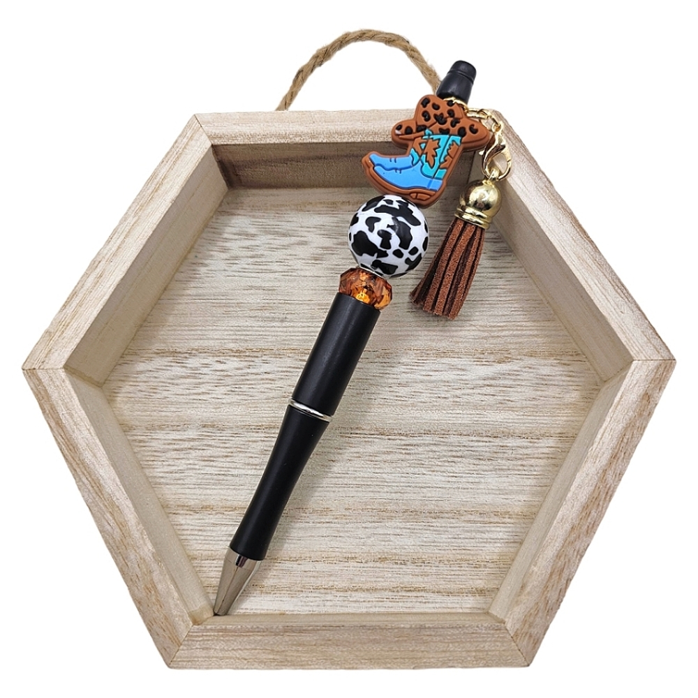 Blue Cowgirl Boots Hat Cow Print Beaded Pen Writing Gift Office Supplies Handmad
